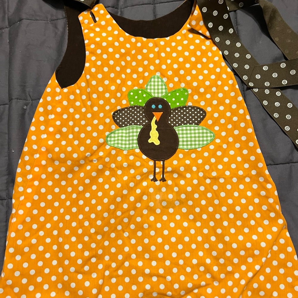 Reversible Orange Polka Dot Turkey and brown with pumpkin embroidered jumper.